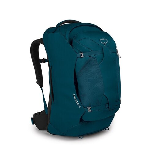 The teal Osprey Fairview 70L Travel Pack Womens by Osprey, designed for women, is lightweight and durable with multiple compartments, padded shoulder straps, and a hip belt, shown standing upright on a white background.