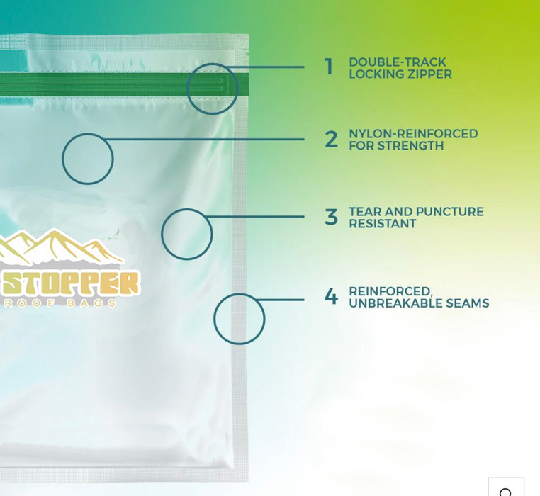The Ultralight Hiker Scent Stopper Odourproof Food Bag with a green zipper is shown, highlighting its double-track locking zipper, nylon-reinforced strength, tear and puncture resistance, and unbreakable reinforced seams.