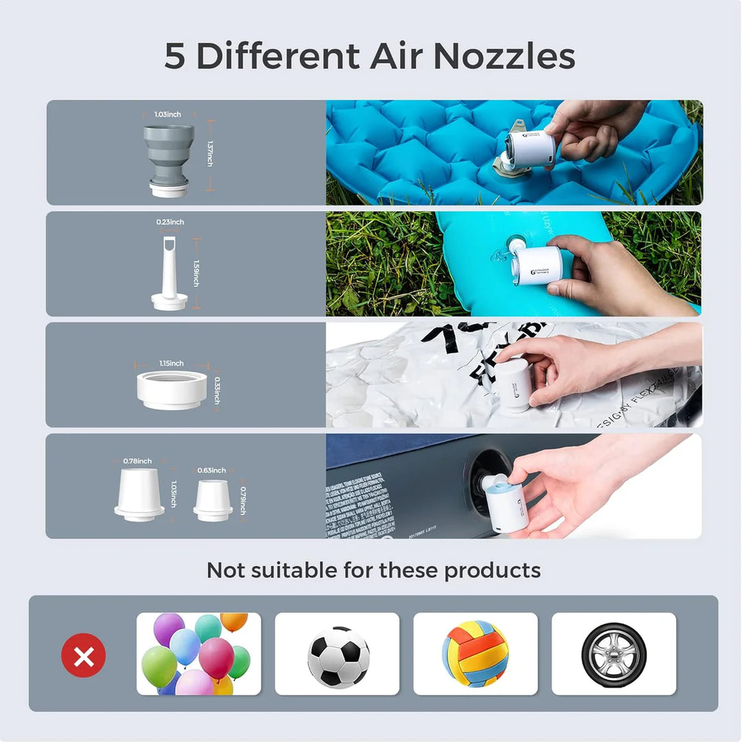 Infographic for outdoor lovers shows five Flextail Tiny Pump Electric Air Pump nozzles, their sizes and uses—perfect for fast inflation of air mattresses and paddleboards. Icons note balls, balloons, and tires do not fit these Flextail nozzles.
