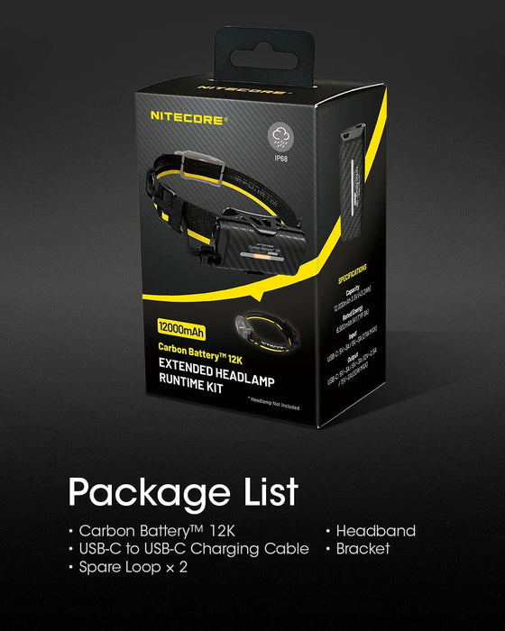 Nitecore Carbon Battery 12K Headband Kit Headlamp Runtime Extension