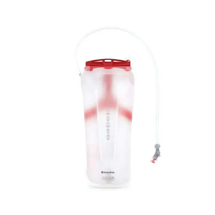 The Osprey Hydraulics LT Res 2.5L, a BPA-free hydration reservoir by Osprey, features twin baffles, a red top, attached drinking tube, and gray bite valve, and stands upright on a white background.