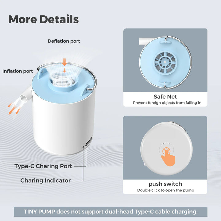 Perfect for outdoor enthusiasts, the Flextail Tiny Pump Electric Air Pump by Flextail features labeled inflation/deflation ports, a safe net, Type-C charging port with indicator, and a push switch. Note: Dual-head Type-C cable charging not supported.