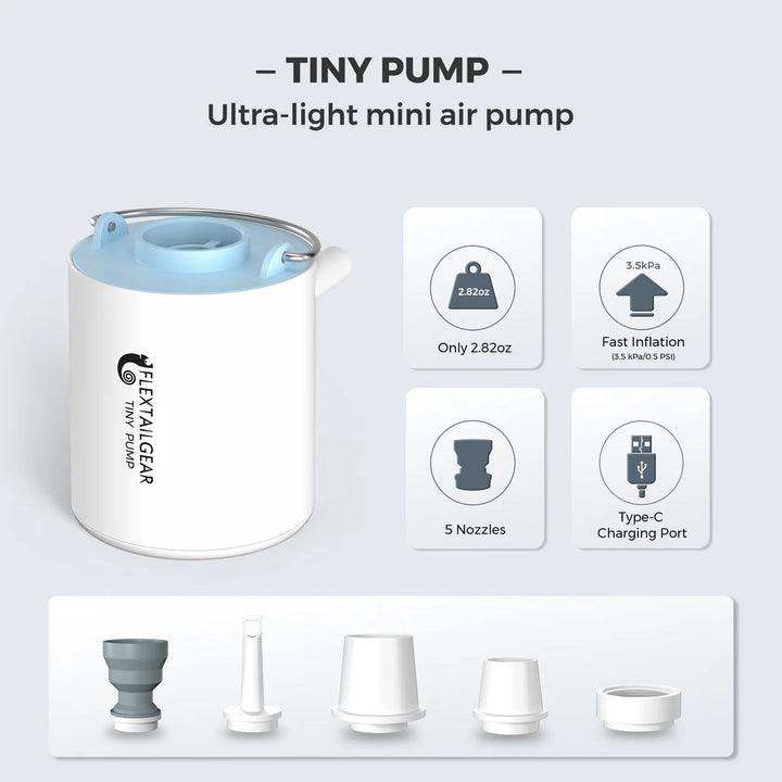 The Flextail Tiny Pump Electric Air Pump by Flextail is a compact, white rechargeable pump with blue accents, featuring rapid 3.5 kPa inflation, weighing only 2.82 oz, 5 included nozzles, and a Type-C charging port—ideal for outdoor enthusiasts.